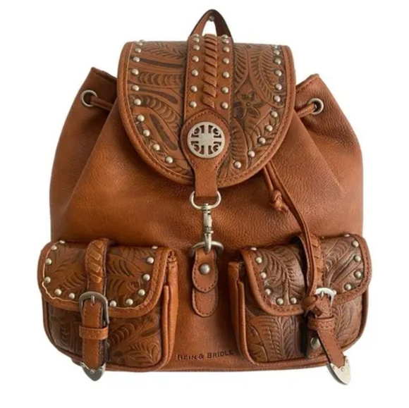 Rein & Bridle Handbags - Rein & Bridle Tooled Vegan Leather Backpack Brown Western Boho Studded